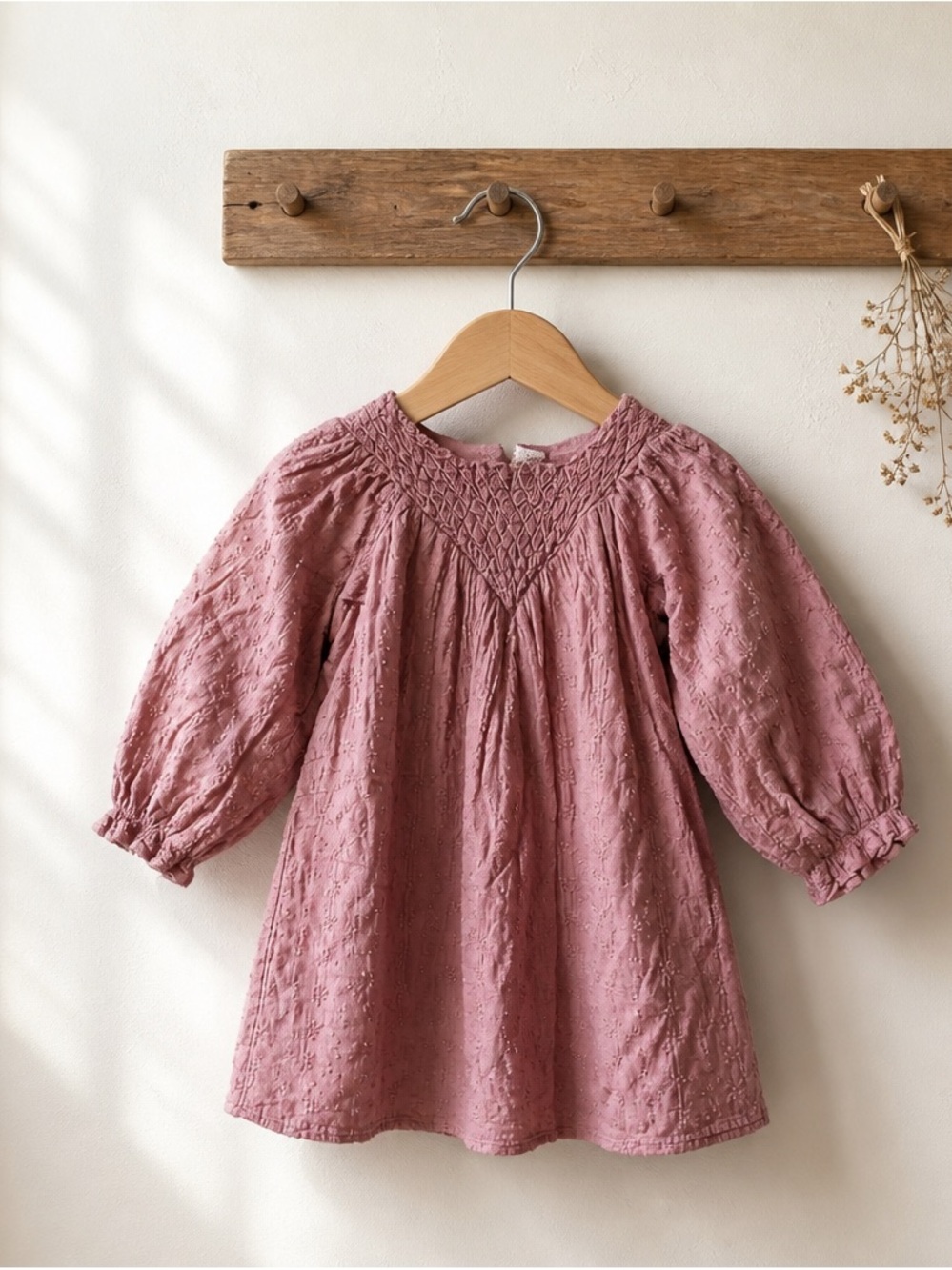 Zara Girls Dress Mauve Brown Puffy Balloon Sleeve Size 4/5 Years Textured Cotton
